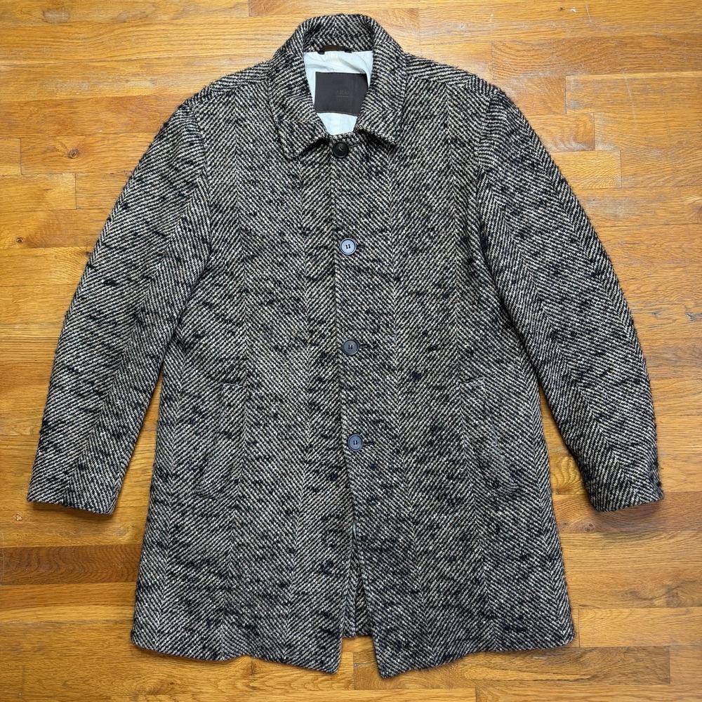 Altea Milano Men Tweed Overcoat Medium Italy Wool Silk Alpaca Mohair Brown Lined